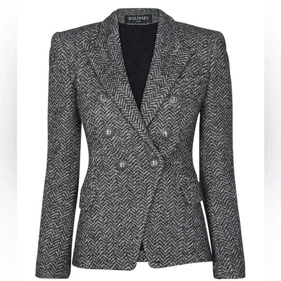 BALMAIN HERRINGBONE WOOL BLEND SIGNATURE DOUBLE BREASTED BLAZER